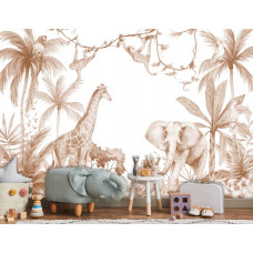 Eine Fototapete in Terrakotta-Farben mit allen Tieren wie einem Elefanten, Affen, einer Giraffe und einem Papagei im Dschungel, präsentiert im Wohnzimmer.