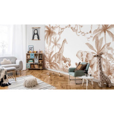 Ein stilvolles Kinderzimmer mit einer Fototapete in Terrakotta-Farben mit allen Tieren wie einem Elefanten, Affen, einer Giraffe und einem Papagei im Dschungel.