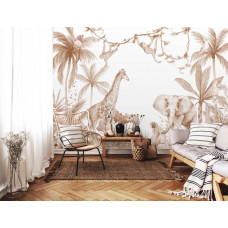 Ein stilvolles Kinderzimmer mit einer Fototapete in Terrakotta-Farben mit allen Tieren wie einem Elefanten, Affen, einer Giraffe und einem Papagei im Dschungel.