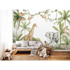 Eine Dschungel-Kindertapete mit Tieren in einem verspielten Stil, perfekt für ein Dschungelzimmer.