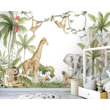 Eine fröhliche Kindertapete mit Dschungeltieren in einem verspielten Vlies für ein Kinderzimmer.