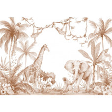 Eine Fototapete in Terrakotta-Farben mit allen Tieren wie einem Elefanten, Affen, einer Giraffe und einem Papagei im Dschungel.