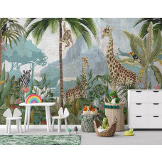 Fototapete mit einer tropischen Dschungellandschaft mit fröhlichen Tieren in einem Babyzimmer.