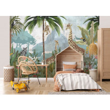 Fototapete mit einem farbenfrohen Dschungel-Tierparadies voller exotischer Pflanzen in einem Kinderzimmer.