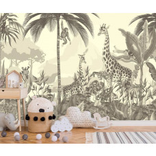 Eine Fototapete mit Dschungeltieren im Schwarz-Weiß-Safaristil, ideal für ein Kinderzimmer.