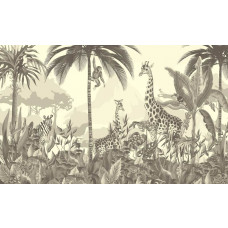 Fototapete mit Dschungeltieren auf Safari in Schwarz-Weiß, mit einem tropischen Touch, der die wilde Natur hervorhebt.