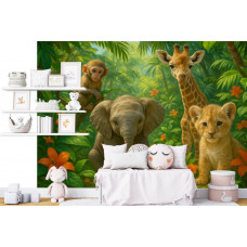 Fototapete Jungle Animals Friends in einem Babyzimmer mit fröhlichen Tieren und tropischen Blättern.