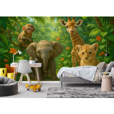 Fototapete Jungle Animals Friends in einem Jungenzimmer mit bunten Dschungeltieren und natürlichen Details.