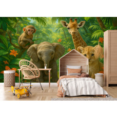 Fototapete Jungle Animals Friends in einem Mädchenzimmer mit verspielten Tieren und tropischen Blumen.
