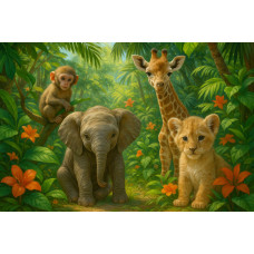 Fototapete Dschungeltiere Freunde mit Babyelefant, Giraffe, Affe und Löwenjunges, umgeben von grünen Blättern und orangefarbenen Blumen.