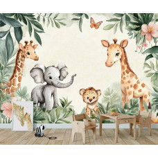 Fototapete in einem Babyzimmer mit Dschungeltieren, darunter ein Elefantenbaby, Giraffen und ein Leopardenjunges, in einem verspielten und sanften Dschungelthema.