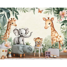 Fototapete in einem Kinderzimmer mit Dschungeltieren wie einem Elefanten, Giraffen und einem Leopardenjunges in einer grünen Safariumgebung.