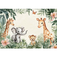 Fototapete mit niedlichen Dschungeltieren wie einem Elefanten, Giraffen und einem Jungtier zwischen grünen Blättern, Blumen und einem Schmetterling.