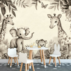 Fototapete in einem Babyzimmer mit einem verspielten Dschungelthema in ruhigen Taupe- und Beigetönen mit niedlichen Tieren und weichen Formen.