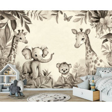 Fototapete in einem Jungenzimmer mit coolen Dschungeltieren in natürlichen Taupe-Farben und sanften Dschungelelementen.