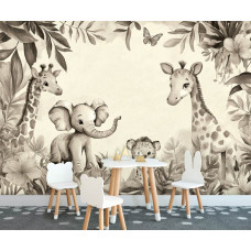 Fototapete für ein Kinderzimmer mit Dschungeltieren wie einem Elefanten, Giraffen und einem Jungtier in einem beruhigenden Design mit Taupe-Farben.