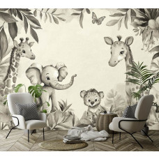 Fototapete in einem Mädchenzimmer mit niedlichen Dschungeltieren wie einem Elefanten und Giraffen, in einer warmen und stilvollen Farbpalette aus Sand und Taupe.