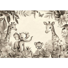 Fototapete mit einem Elefanten, Giraffen und einem Elefantenbaby zwischen tropischen Blättern und Blumen in sanften Taupe- und Sandtönen.