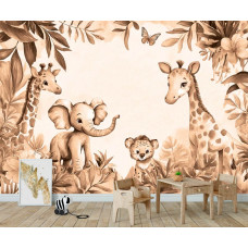 Fototapete in einem Babyzimmer mit Dschungeltieren wie einem Elefantenbaby und Giraffen, gestaltet in beruhigenden Terrakottafarben und weichen Formen.