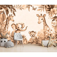 Fototapete in einem Jungenzimmer mit einem Elefanten, Giraffen und einem Jungtier im Safari-Stil mit warmen Erdtönen und Dschungelatmosphäre.