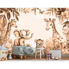 Fototapete in einem Kinderzimmer mit niedlichen Dschungeltieren und tropischen Pflanzen in natürlichen Terrakottafarben.