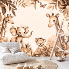 Fototapete in einem Mädchenzimmer mit niedlichen Dschungeltieren in sanften Terrakottafarben und verspielten Blumen.