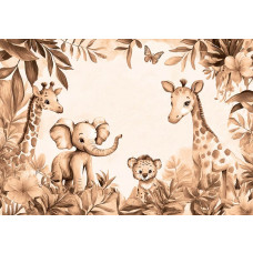 Fototapete mit Dschungeltieren wie einem Elefanten, Giraffen und einem Jungtier zwischen Blättern und Blumen in warmen Terrakotta-Tönen.