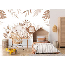 Eine Fototapete von Dschungeltieren in Terrakotta-Taupe-Tönen in einer Kombination aus Babyzimmer und Kinderzimmer.