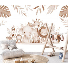 Eine Fototapete von Dschungeltieren in Terrakotta-Taupe-Tönen in einem Babyzimmer.