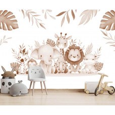 Eine Fototapete von Dschungeltieren in Terrakotta-Taupe-Tönen im Kinderzimmer-Stil für ein Kinderzimmer.