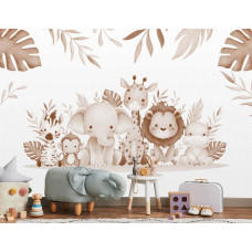 Eine Fototapete von Dschungeltieren in Terrakotta-Taupe-Tönen in einem verspielten Kinderzimmer.