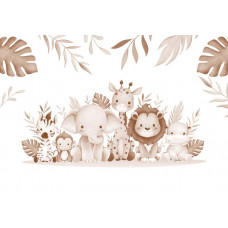 Tiere wie ein Elefant, eine Giraffe, ein Elefant, ein Affe, ein Nilpferd und ein Zebra, umgeben von Dschungelblättern auf einer Fototapete in Terrakotta-Farben.