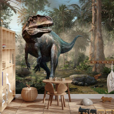 Eine Fototapete, die eine bunte Dschungelumgebung und einen Dinosaurier in einem Jungenzimmer zeigt.