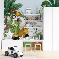 Eine Fototapete von einem Dschungel mit einem Königreich, perfekt für das Kinderzimmer.