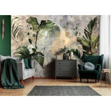 Eine Fototapete mit botanischen Blättern im Dschungel-Thema, mit einem kunstvollen Design für das Wohnzimmer.