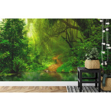 Eine Fototapete mit einem mystischen Dschungel und Pflanzen in einer tropischen Umgebung, abgebildet in einem Schlafzimmer.