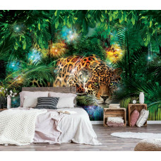 Eine Fototapete mit einem Dschungelpanther, Leopard und Gepard in einer natürlichen Umgebung für das Schlafzimmer.