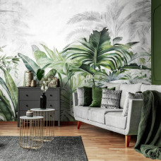 Eine Fototapete mit Dschungelpflanzen und Blättern in botanisch-tropischem Stil, die dem Wohnraum eine üppige und exotische Ausstrahlung verleiht.