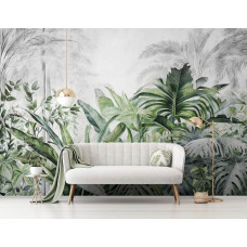 Eine Fototapete mit Dschungelpflanzen und Blättern im tropischen Naturstil, ideal für ein Büro mit entspannter Atmosphäre.