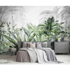 Eine Fototapete mit Dschungelpflanzen und Blättern im tropischen Naturstil, perfekt für ein Schlafzimmer mit beruhigender Atmosphäre.