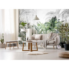 Eine Fototapete mit Dschungelpflanzen und Blättern in botanisch-tropischem Stil, die das Wohnzimmer in ein tropisches Paradies verwandelt.