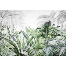 Fototapete mit tropischen Dschungelpflanzen und Blättern in einer botanischen Szenerie.