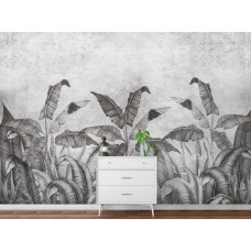 Eine schwarz-weiße Fototapete mit Dschungelpflanzen und Blättern auf Beton, perfekt für ein Schlafzimmer.