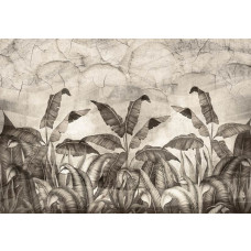 Fototapete mit Dschungelpflanzen und Blättern an einer Betonwand, mit einer natürlichen und beruhigenden Atmosphäre.