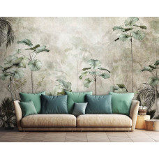 Fototapete mit schönen Dschungelpflanzen für eine Betonwand auf Vliestapete in einem stilvollen Wohnzimmer.