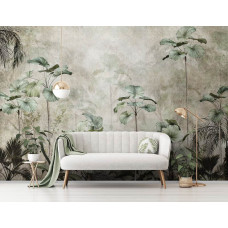 Fototapete mit schönen Dschungelpflanzen für eine Betonwand in einem Geschäftsraum.