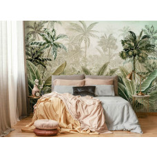 Eine Fototapete mit tropischen Dschungelpflanzen und natürlichen Details für das Schlafzimmer.