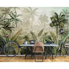 Eine Fototapete mit tropischen Dschungelpflanzen in einer lebendigen grünen Natur für das Wohnzimmer.