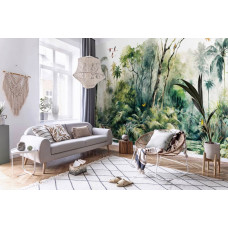 Eine Fototapete mit tropischen Dschungelpflanzen und Bäumen in einem tropischen Wald, passend für ein Wohnzimmer mit natürlichem Thema.