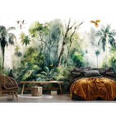 Eine Fototapete mit tropischen Dschungelpflanzen und Bäumen, ein botanischer Wald in einem Schlafzimmer mit rustikaler Atmosphäre.